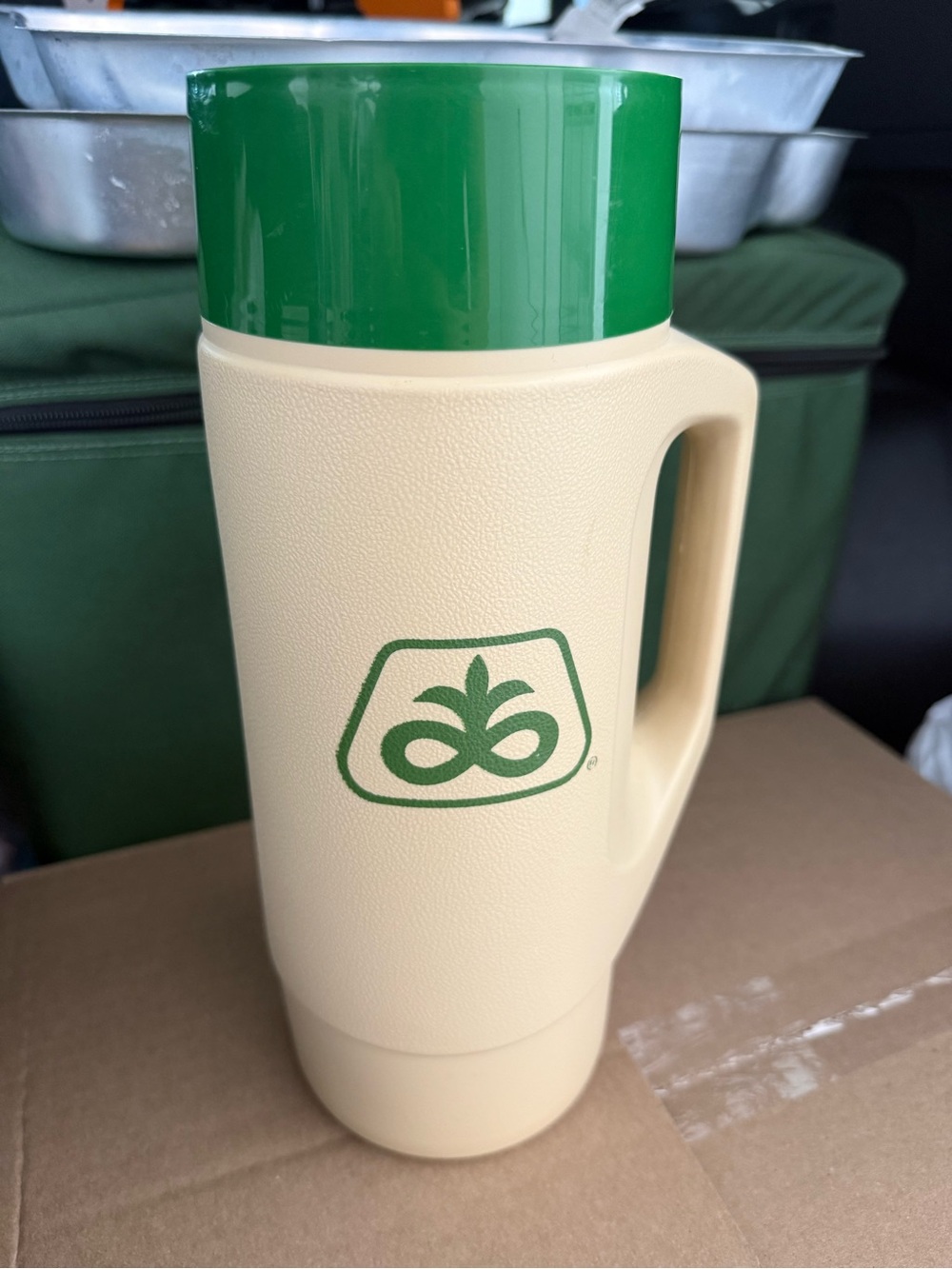 Vintage Pioneer Seed Corn Thermos Jug Model 4415 Wide Mouth Farm Promo Tan Green